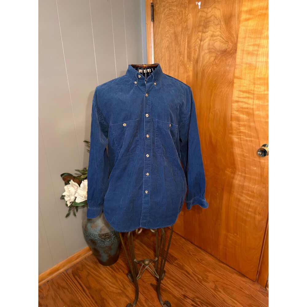 Vintage 90s AXXA Blue Corduroy Shirt | Thick Wale Cotton Shacket (Mens 15.5)
